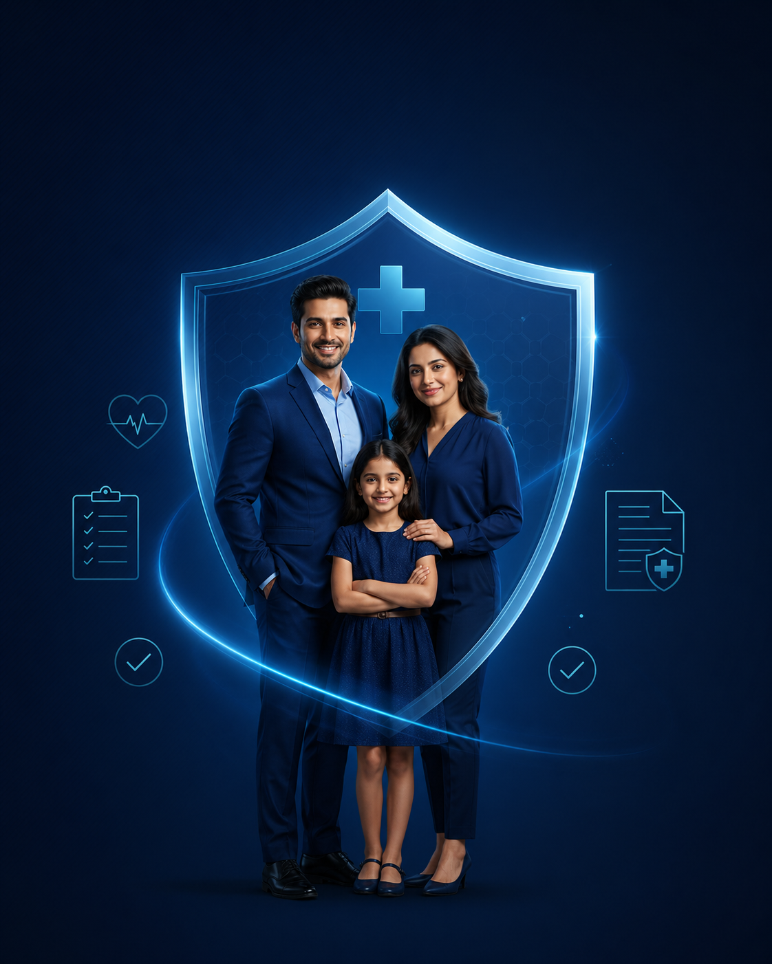 A Florida family protected under an insurance shield, surrounded by floating health, medicare, and life insurance icons